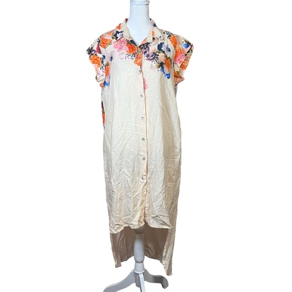 Cristina Vergani Italy Linen Hi-Low Floral Shirt Dress Button-Up Boho Midi Sz L - Picture 1 of 10